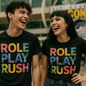 Person wearing the black cosplayers t shirt graphic tee - "Role Play Rush" design