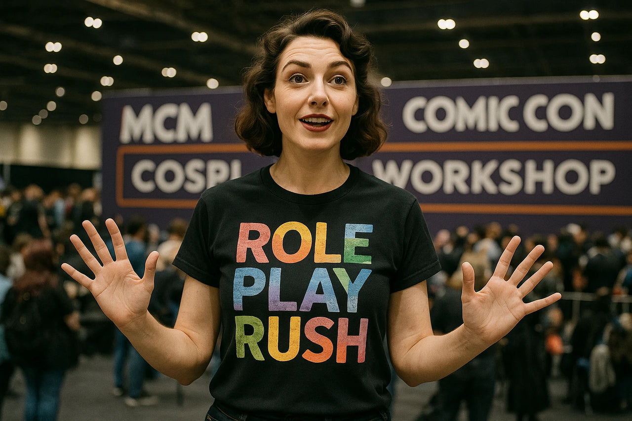 A person with short, wavy hair is standing indoors with people in the background. They are wearing a black T-shirt with the text "ROLE PLAY RUSH" in colorful letters. Behind them is a sign that reads "MCM COSPLAY COMIC CON WORKSHOP." The person has an enthusiastic expression with hands raised, as if speaking or explaining something.