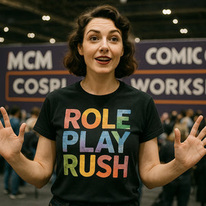 Lifestyle shot of the "Role Play Rush" black cosplayers t shirt in a real-world setting