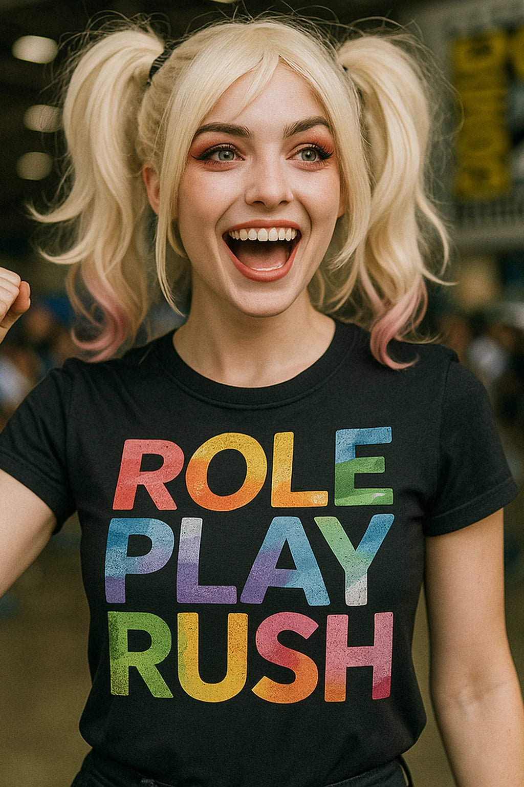 A person with blonde hair styled in pigtails is smiling widely. They are wearing a black shirt with the words "ROLE PLAY RUSH" in colorful, bold letters. The background is blurred, suggesting an indoor event or gathering.
