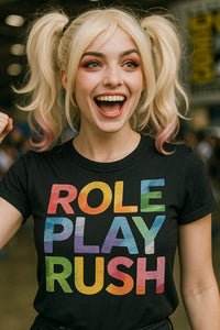 A person with blonde hair styled in pigtails is smiling widely. They are wearing a black shirt with the words 