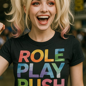 "Role Play Rush" black cosplayers t shirt, photographed as cosplayers lover gift