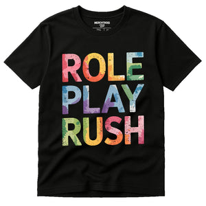 Black Cosplayers T Shirt - "Role Play Rush" graphic tee with tan print, flat lay product photo