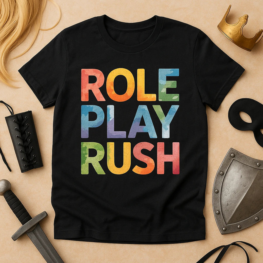 A black t-shirt with the text "ROLE PLAY RUSH" in large, colorful letters. The shirt is surrounded by props such as a golden crown, a black mask, a sword, a shield, and a blonde wig, arranged on a beige background.