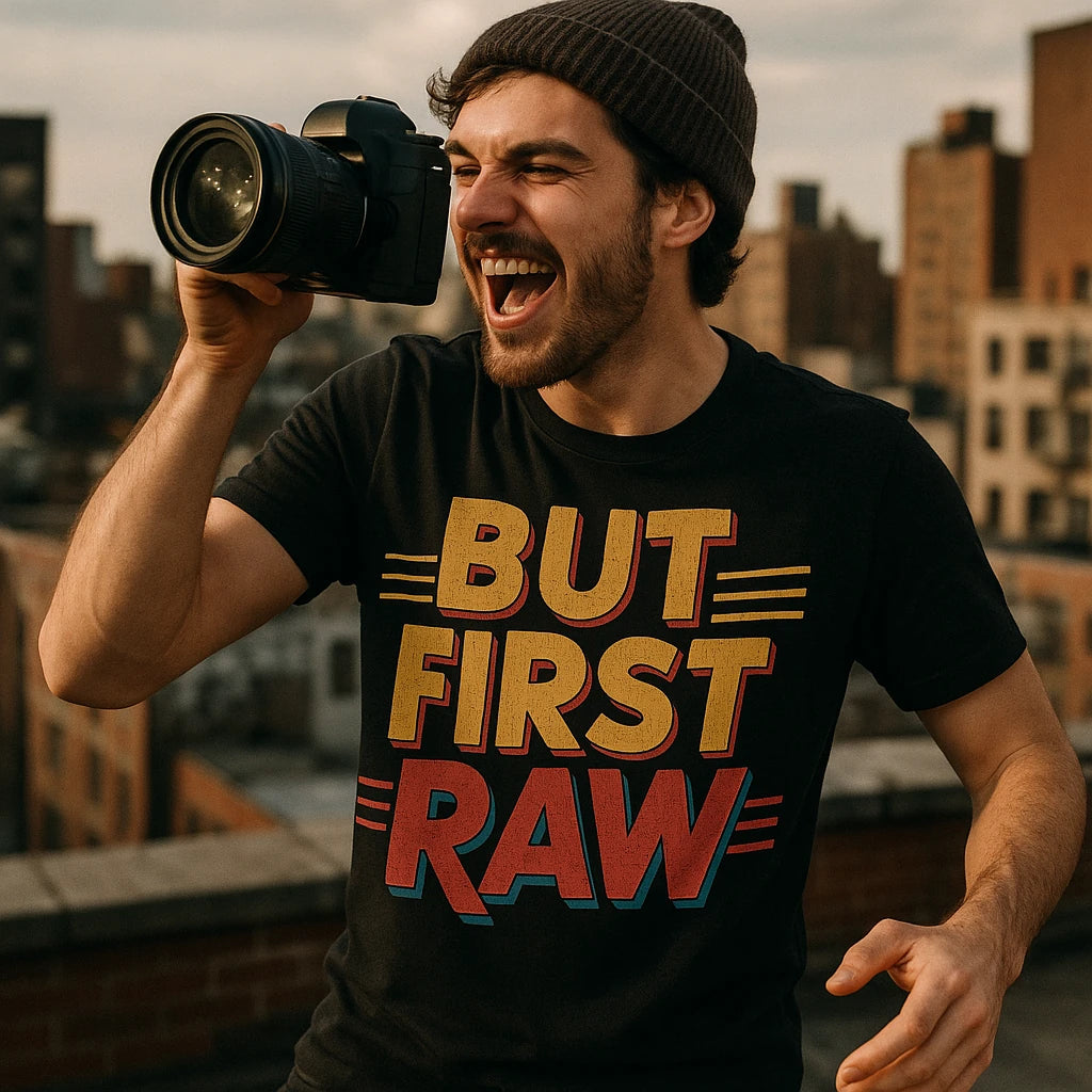"But First Raw" black photography tee, photographed as gifts for photography buffs