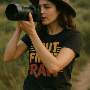 "But First Raw" black photography tee - also a present for photography lover