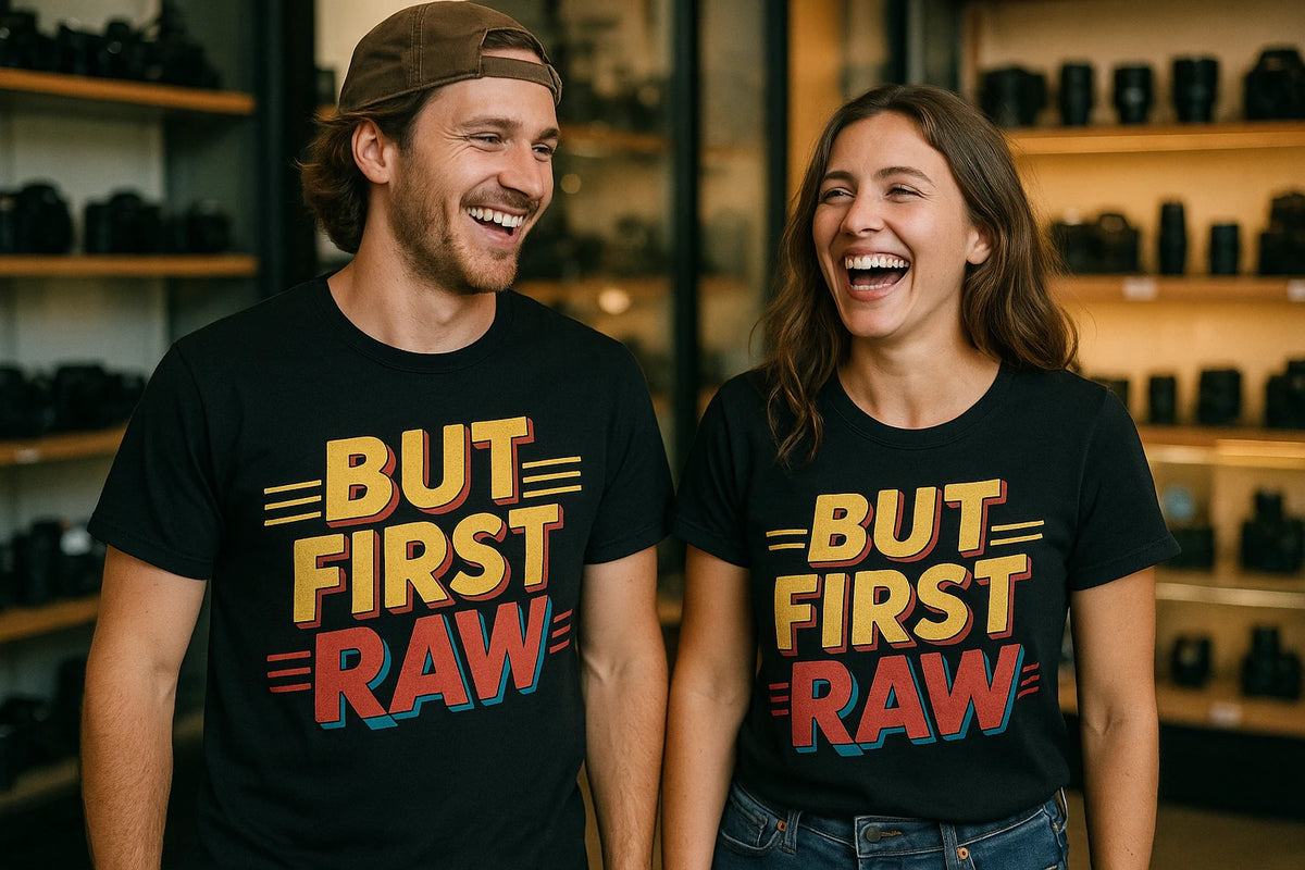Person wearing the black photography tee graphic tee - "But First Raw" design