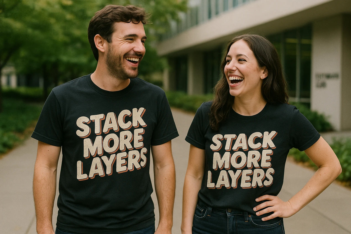 Person wearing the black artificial intelligence t shirt graphic tee - "Stack More Layers" design