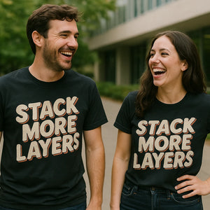 Person wearing the black artificial intelligence t shirt graphic tee - "Stack More Layers" design