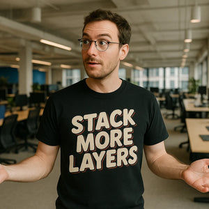 Lifestyle shot of the "Stack More Layers" black artificial intelligence t shirt in a real-world setting