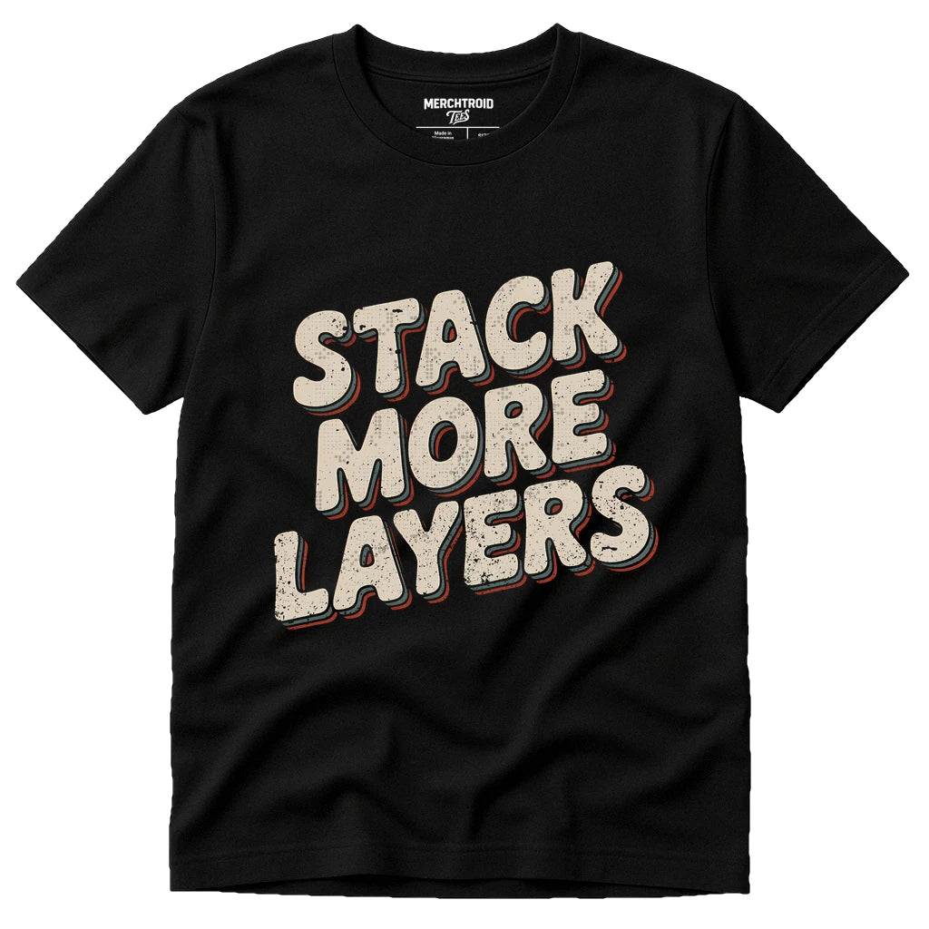 Black Artificial Intelligence T Shirt - "Stack More Layers" graphic tee with beige print, flat lay product photo