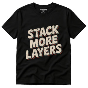 Black Artificial Intelligence T Shirt - "Stack More Layers" graphic tee with beige print, flat lay product photo