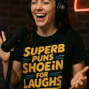 "Superb Puns Shoein for Laughs" black comedy t shirt, photographed as gifts for comedy lovers