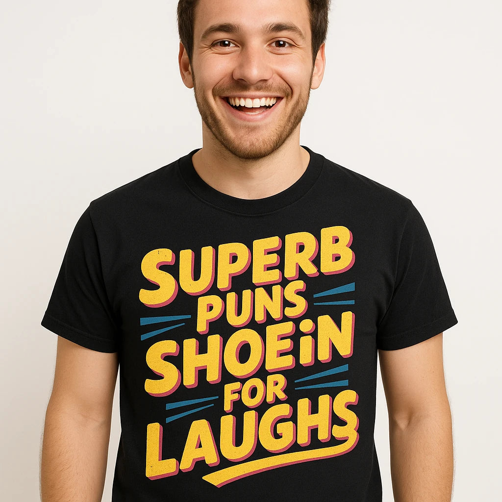 Close-up of the "Superb Puns Shoein for Laughs" yellow print on a premium Bella+Canvas black comedy t shirt