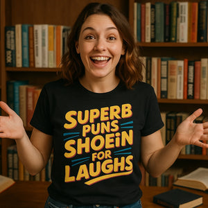 Lifestyle shot of the "Superb Puns Shoein for Laughs" black comedy t shirt in a real-world setting