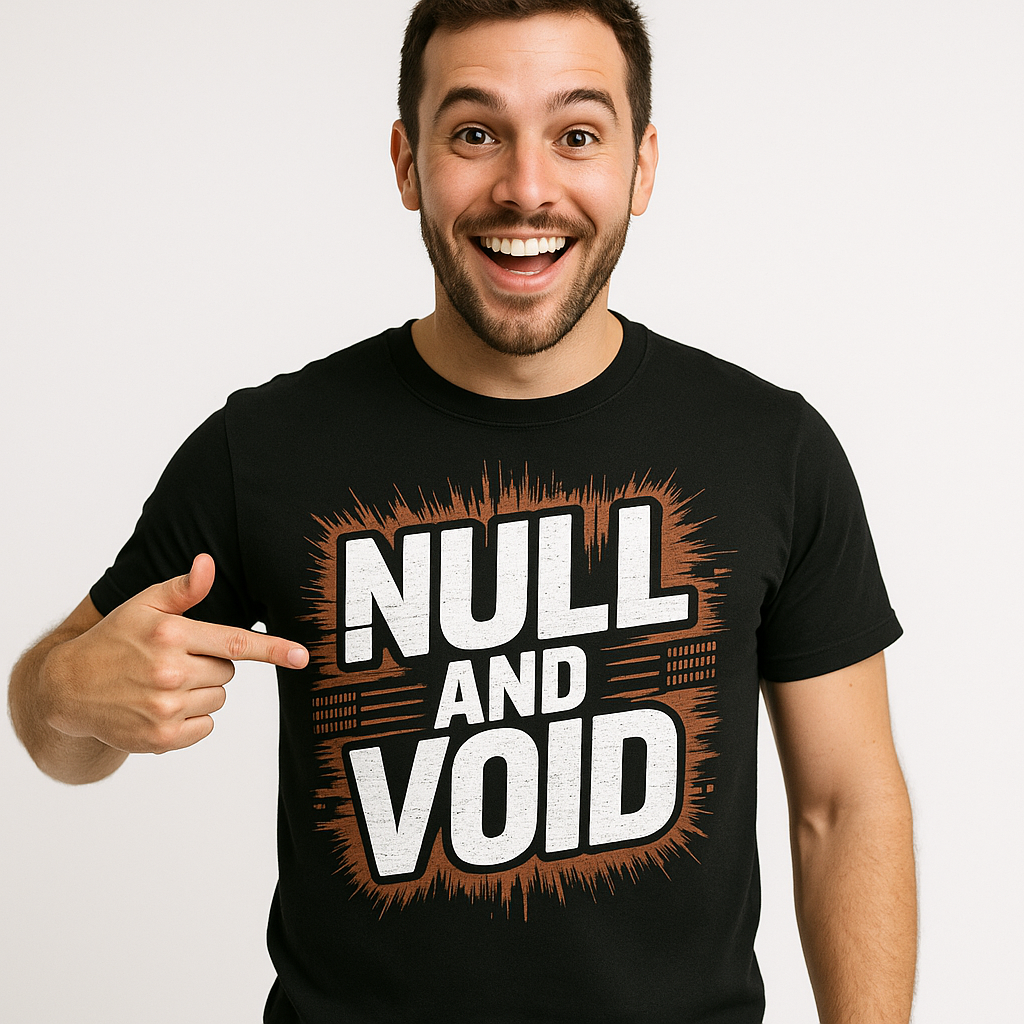 Close-up of the "Null and Void" white print on a premium Bella+Canvas black programming shirts