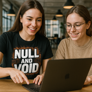 Lifestyle shot of the "Null and Void" black programming shirts in a real-world setting