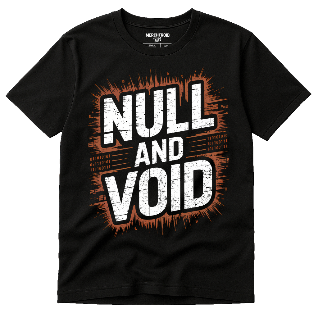 Black Programming Shirts - "Null and Void" graphic tee with white print, flat lay product photo