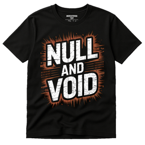 Black Programming Shirts - "Null and Void" graphic tee with white print, flat lay product photo