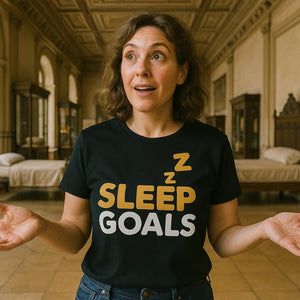 Lifestyle shot of the "Sleep Goals" black cotton sleep shirts in a real-world setting