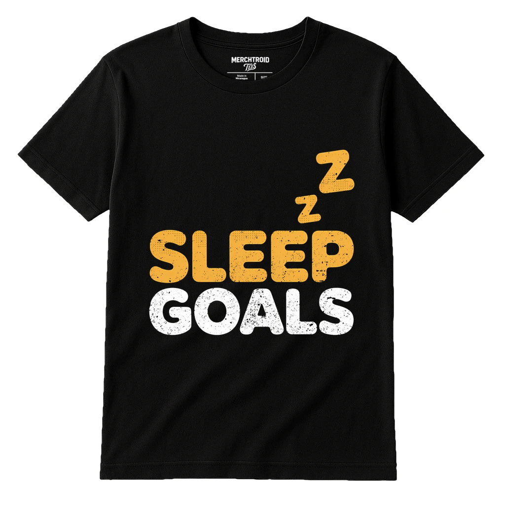 Black Cotton Sleep Shirts - "Sleep Goals" graphic tee with gold print, flat lay product photo