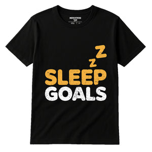 Black Cotton Sleep Shirts - "Sleep Goals" graphic tee with gold print, flat lay product photo