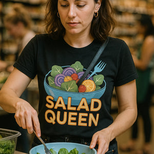 "Salad Queen" black salad shirts, photographed as gifts for salad lovers