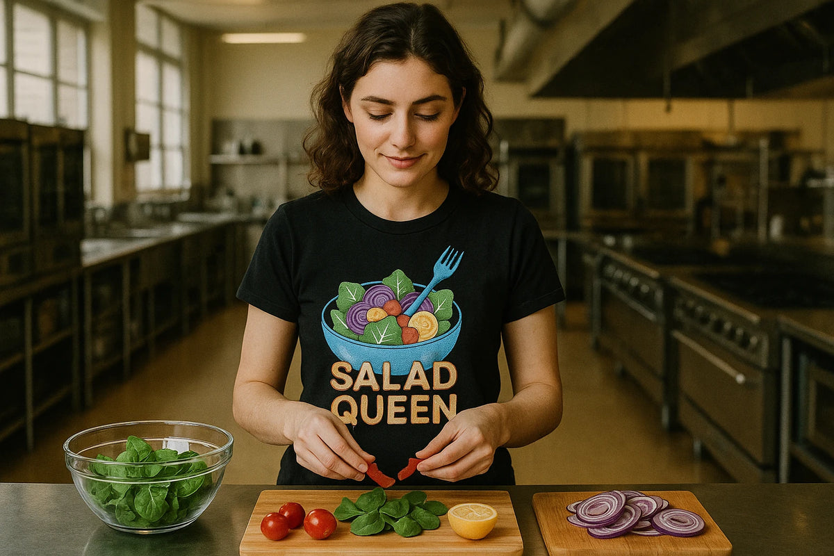 Lifestyle shot of the "Salad Queen" black salad shirts in a real-world setting