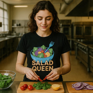 Lifestyle shot of the "Salad Queen" black salad shirts in a real-world setting