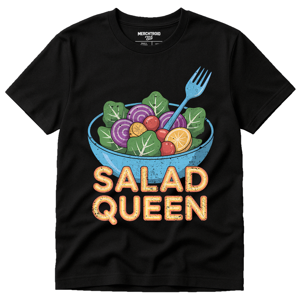 Black Salad Shirts - "Salad Queen" graphic tee with gray print, flat lay product photo