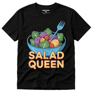 Black Salad Shirts - "Salad Queen" graphic tee with gray print, flat lay product photo
