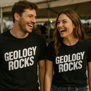 Person wearing the black rock hounding t shirt graphic tee - "Geology Rocks" design