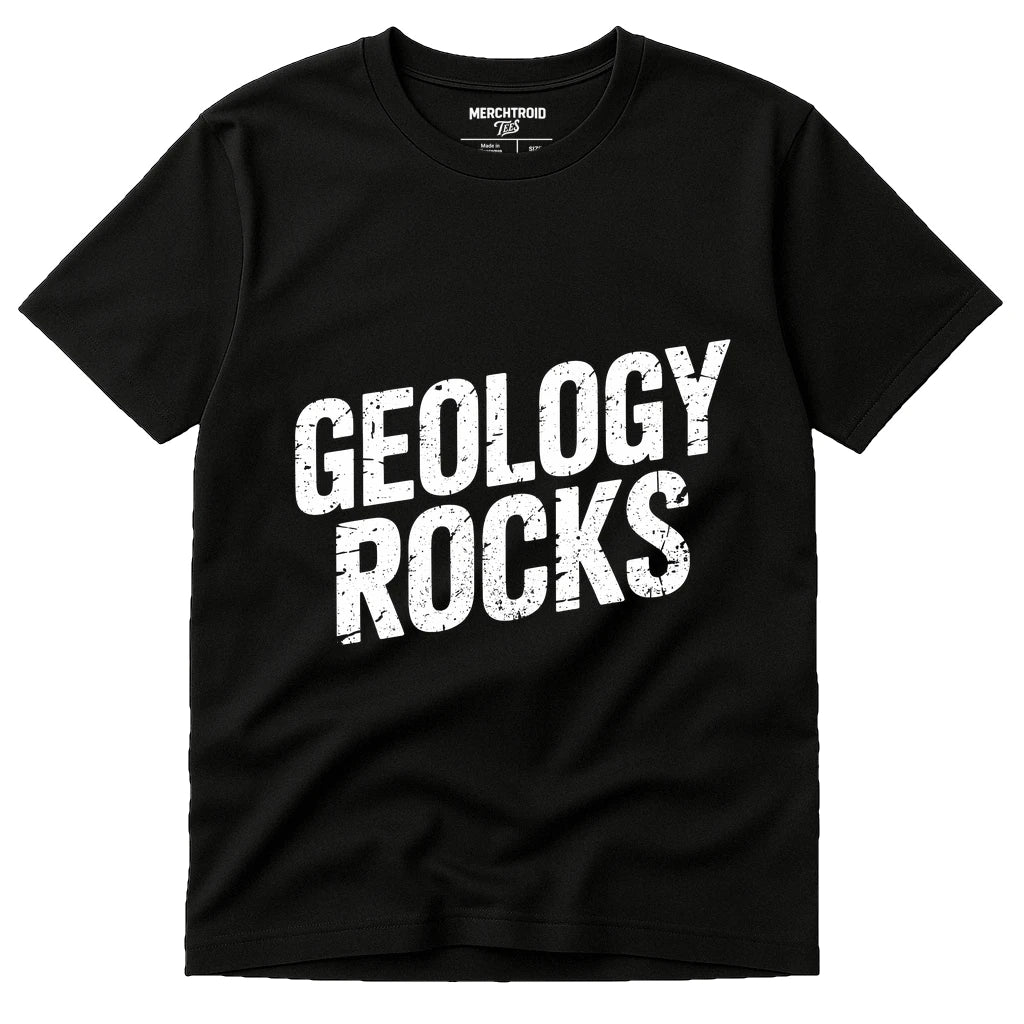 Black Rock Hounding T Shirt - "Geology Rocks" graphic tee with white print, flat lay product photo