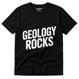 Black Rock Hounding T Shirt - "Geology Rocks" graphic tee with white print, flat lay product photo
