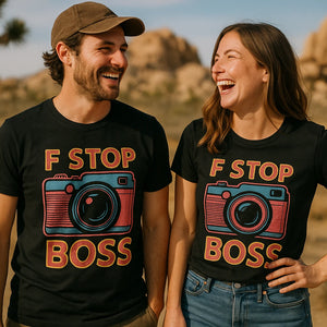 Person wearing the black photographers shirts graphic tee - "F Stop Boss" design
