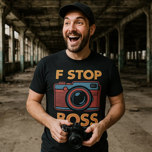 Lifestyle shot of the "F Stop Boss" black photographers shirts in a real-world setting