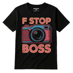 Black Photographers Shirts - "F Stop Boss" graphic tee with orange print, flat lay product photo