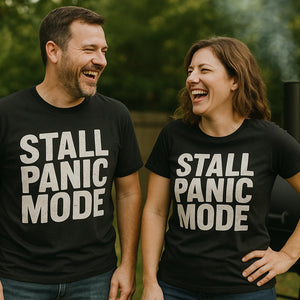 Person wearing the black bbq tee graphic tee - "Stall Panic Mode" design