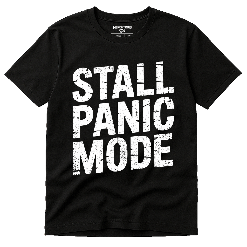 Black Bbq Tee - "Stall Panic Mode" graphic tee with white print, flat lay product photo