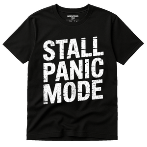 Black Bbq Tee - "Stall Panic Mode" graphic tee with white print, flat lay product photo
