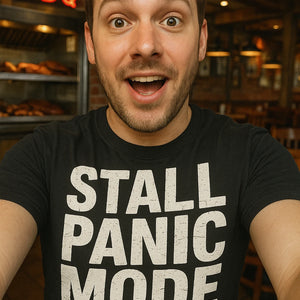 "Stall Panic Mode" black bbq tee - also one of the best gifts for bbq lovers