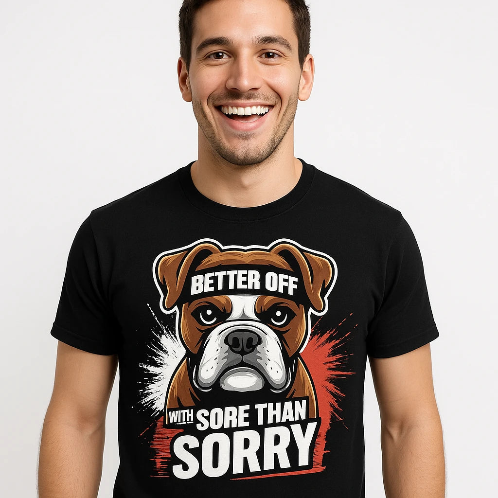 Close-up of the "Better Off With Sore Than Sorry" brown print on a premium Bella+Canvas black fitness instructor t shirt