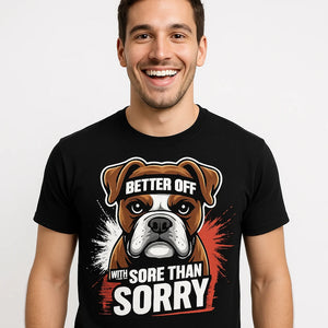 Close-up of the "Better Off With Sore Than Sorry" brown print on a premium Bella+Canvas black fitness instructor t shirt