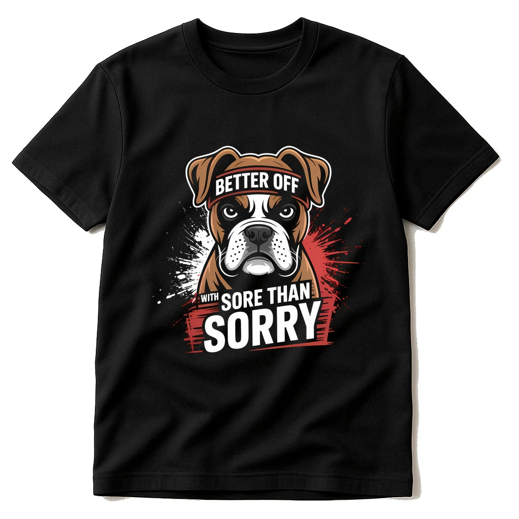 Black Fitness Instructor T Shirt - "Better Off With Sore Than Sorry" graphic tee with brown print, flat lay product photo