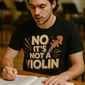 "No It'S Not a Violin" black orchestra t shirt designs, photographed as gifts for orchestra lovers