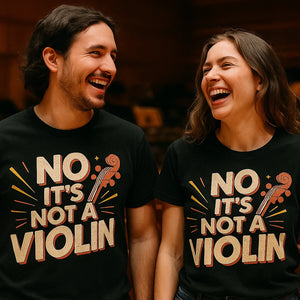 Person wearing the black orchestra t shirt designs graphic tee - "No It'S Not a Violin" design
