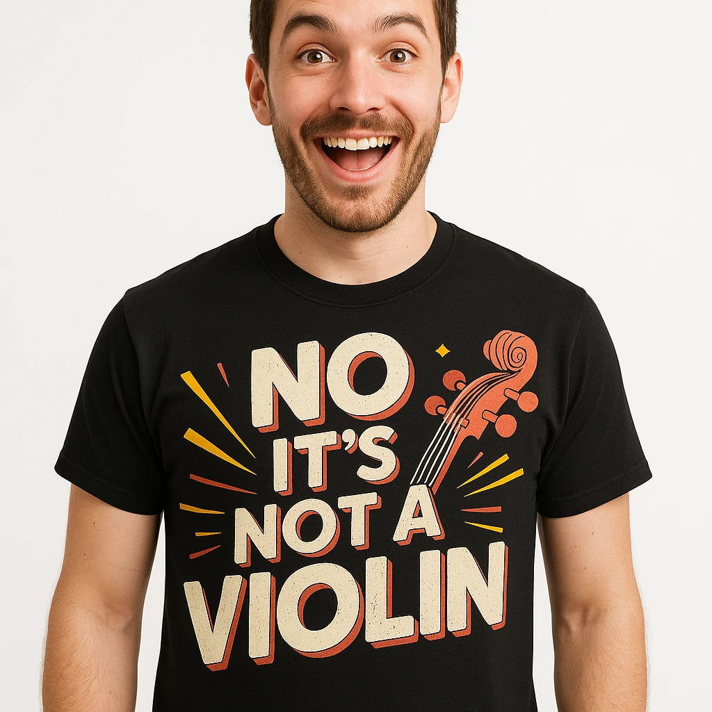 Close-up of the "No It'S Not a Violin" beige print on a premium Bella+Canvas black orchestra t shirt designs