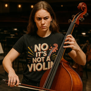 Lifestyle shot of the "No It'S Not a Violin" black orchestra t shirt designs in a real-world setting