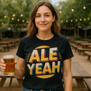 Lifestyle shot of the "Ale Yeah" black vintage beer shirts in a real-world setting