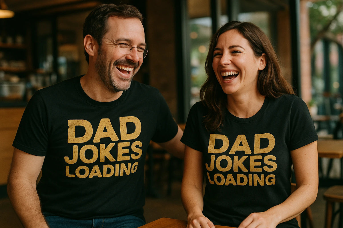 Person wearing the black dad shirts for fathers day graphic tee - "Dad Jokes Loading" design